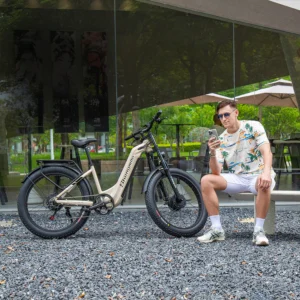 Model enjoying an urban ride on the Shengmilo S700 Step-Through EBike, emphasizing the easy step-through frame, powerful motor, and smooth ride through the city.