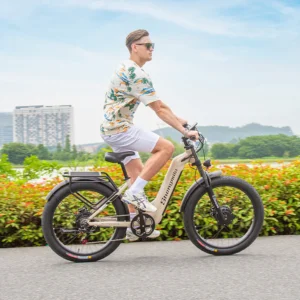 Rider in action on the Shengmilo S700 Step-Through EBike, highlighting its sleek frame, powerful 2000W motor, and easy handling for smooth rides.