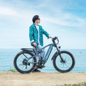 Shengmilo MX05 e-bike being ridden through the bustling streets of Australia, showing its electric power and versatility for city commuting and daily travel