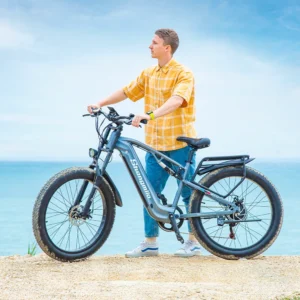 Model riding the Shengmilo MX05 electric bike through Australian streets, with a focus on the bike's electric assist system providing a comfortable, efficient city commute