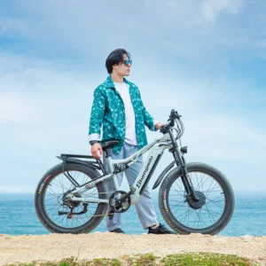 Shengmilo S600 e-bike in action, with a model riding across Australian terrain, demonstrating the bike’s versatility for city and off-road rides