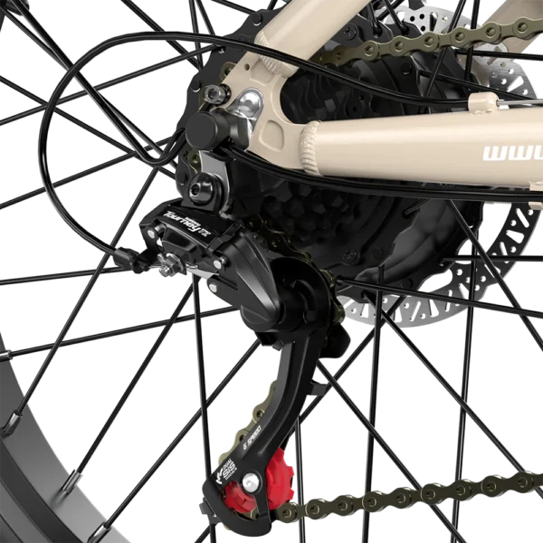 Rear derailleur on Shengmilo S700 e-bike, providing accurate and seamless gear changes for navigating Australia’s mountain trails and city streets