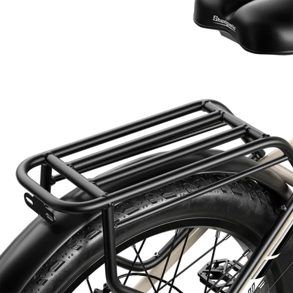 Close-up of the rear rack on Shengmilo S700 e-bike, designed for carrying cargo and essentials during long rides across Australia’s rugged trails and urban roads