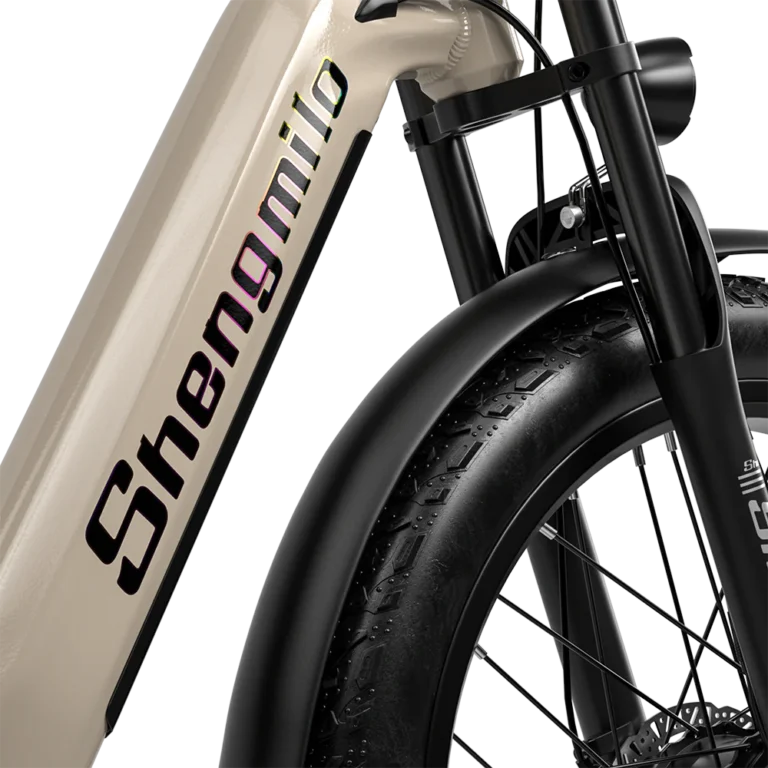 Close-up of the front fork on Shengmilo S700 e-bike, featuring durable suspension for smooth and stable riding across Australia’s rugged terrain
