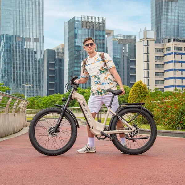 Shengmilo S700 e-bike with model cycling across diverse Australian terrain, from city to countryside, offering a smooth, powerful ride for all kinds of cyclists