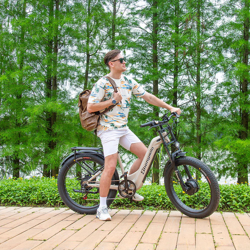 Model riding the Shengmilo S600 electric bike on Australian roads, demonstrating the bike’s electric assist power and smooth performance in urban and off-road environments