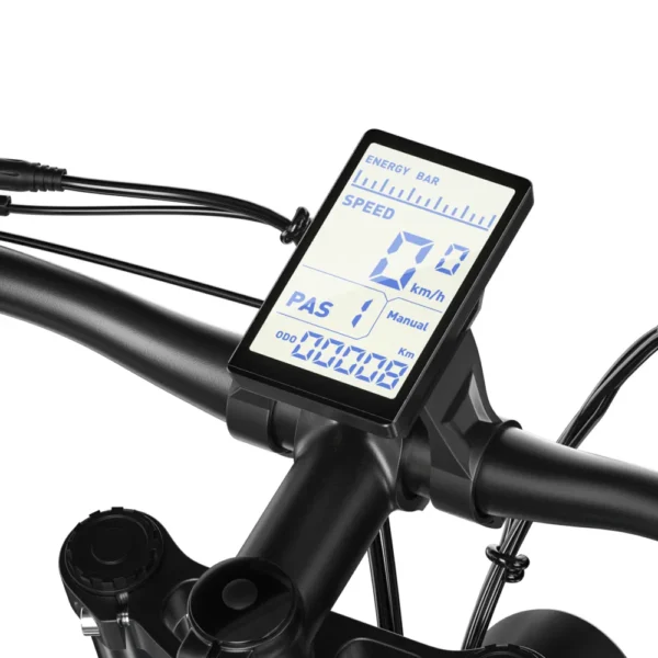 Close-up of the smart screen on Shengmilo e-bike, showing real-time ride data such as speed, battery level, and power mode for Australian cyclists