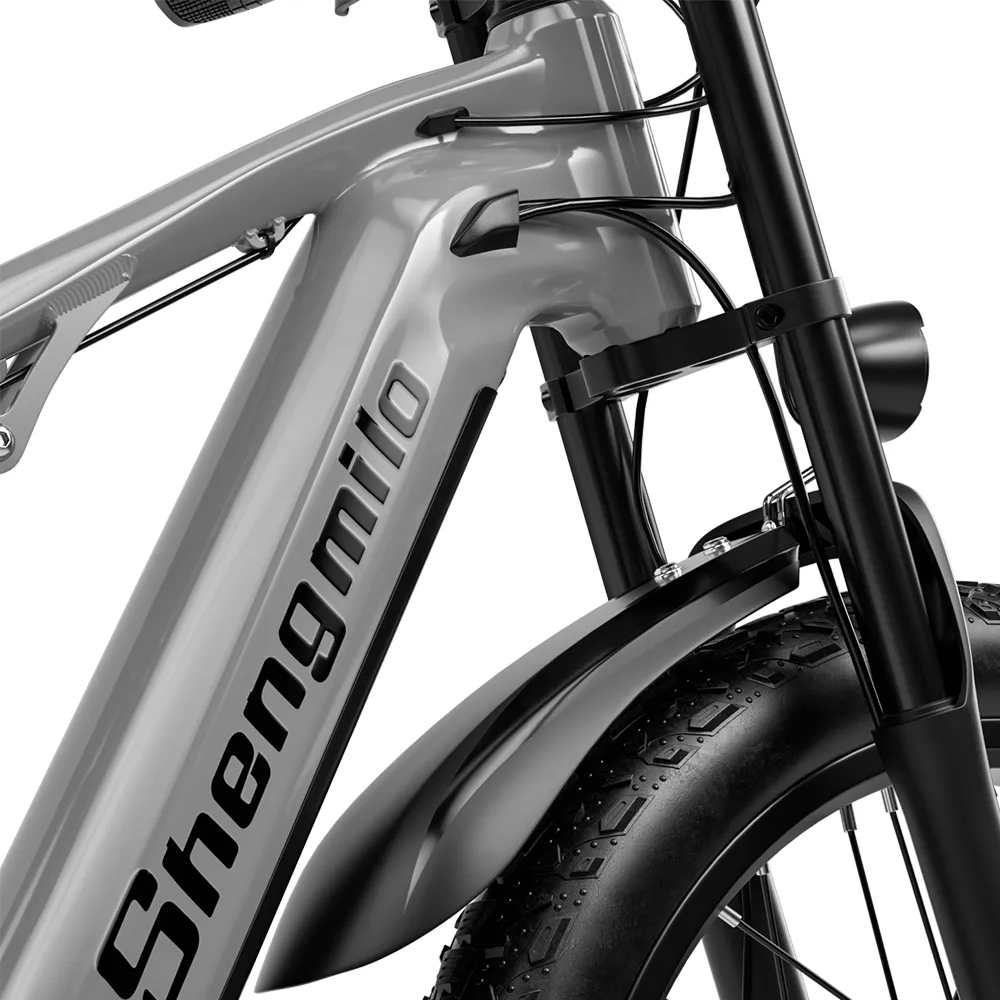 Close-up of the front fork on Shengmilo S600 e-bike, providing smooth suspension and comfort on Australian trails and rough terrain