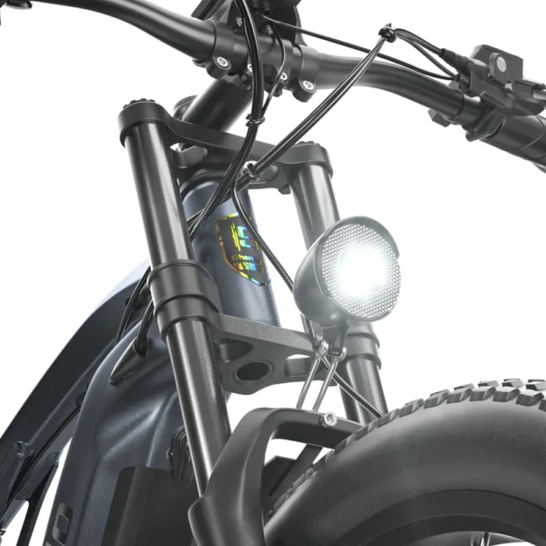 Close-up of the powerful front headlight on Shengmilo MX05 e-bike, providing bright and clear illumination for safe night riding in Australia