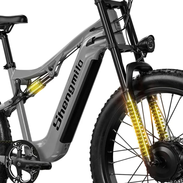 Close-up of the dual suspension system on Shengmilo S600 e-bike, providing enhanced comfort and shock absorption for off-road rides in Australia’s rugged landscapes