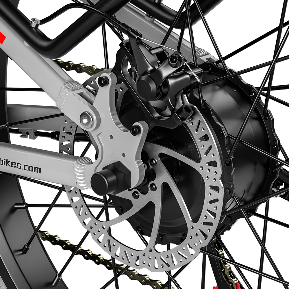 Close-up of the rear brake on Shengmilo S600 e-bike, offering reliable stopping power for safe rides on Australian trails and rugged terrains