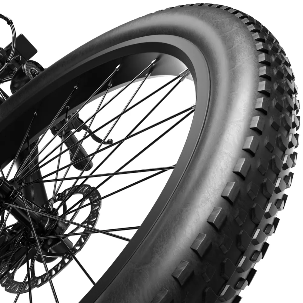 Close-up of the fat tyres on Shengmilo MX05 e-bike, providing superior traction and stability on Australian beaches, trails, and rough terrain