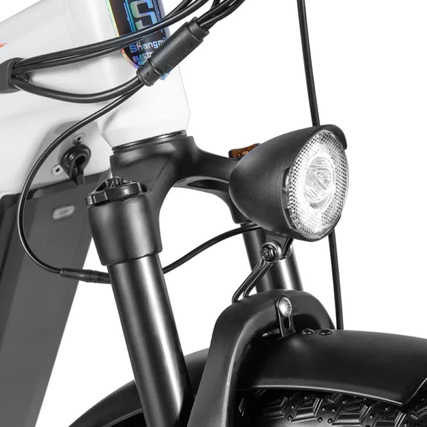 Close-up of the front headlight on Shengmilo MX06 e-bike, providing powerful illumination for safe night cycling on Australian roads and trails