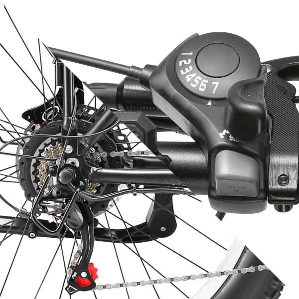 Shimano shifting system
Front derailleur (front transmission): supports 3 toothed discs, providing the choice of low-speed climbing or high-speed riding.
Rear derailleur (rear transmission): supports 7 gear flywheels, responsible for more precise gear adjustment.