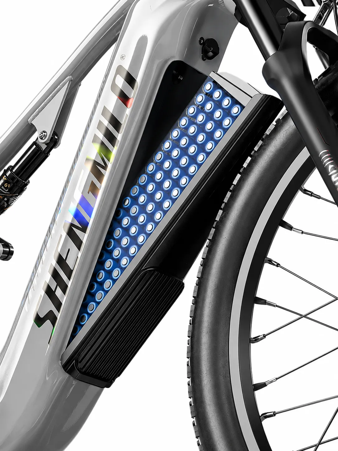 Close-up of the removable 48V 25Ah Samsung battery integrated into the grey Shengmilo S600 Pro electric bike frame.