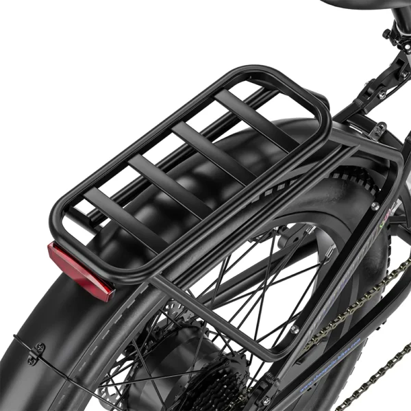 Close-up of the aluminium alloy rear rack and rear fender on the Shengmilo S600 Pro.