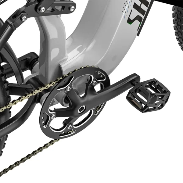 Close-up of the high-strength crankset and pedal on the Shengmilo S600 Pro.