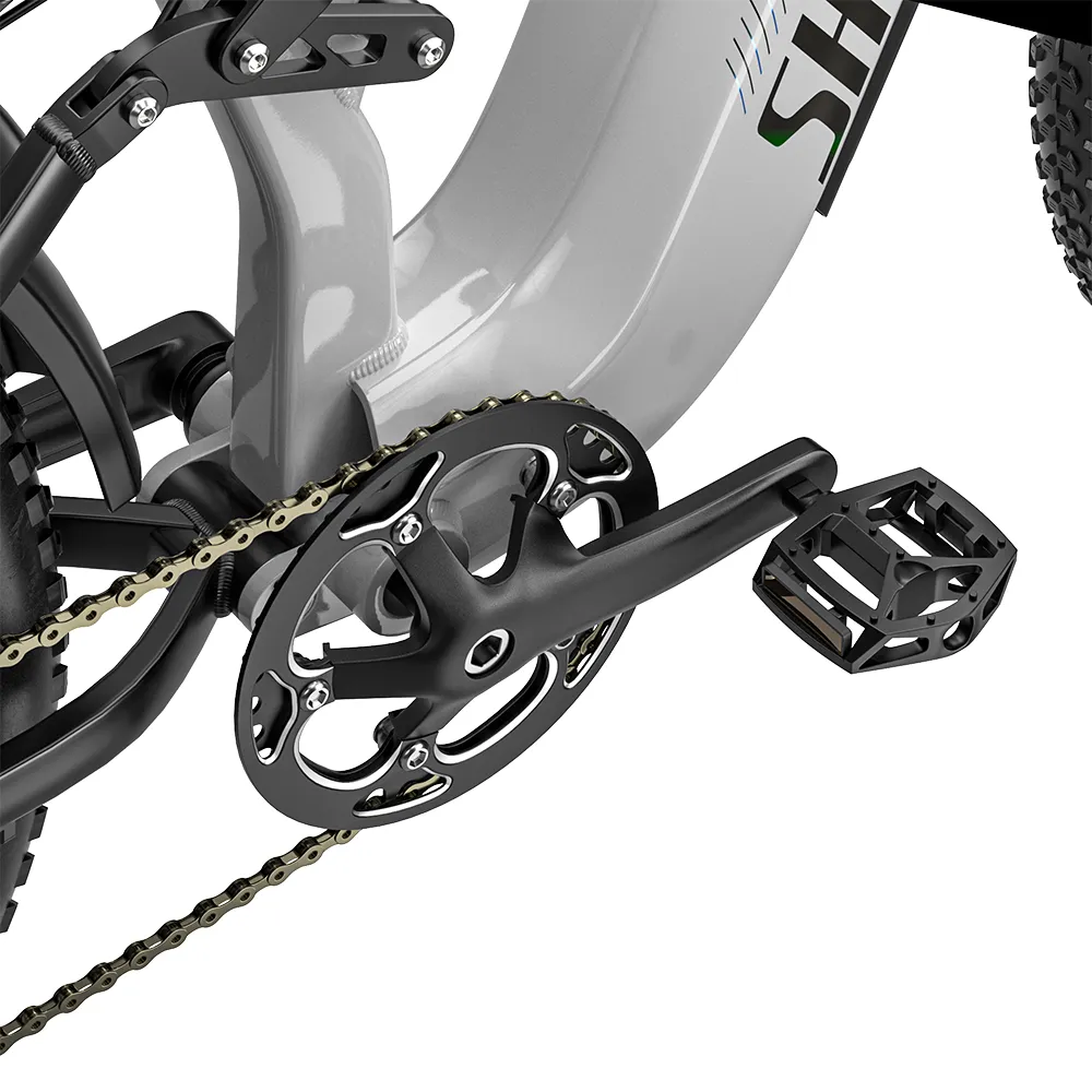 Close-up of the high-strength crankset and pedal on the Shengmilo S600 Pro.