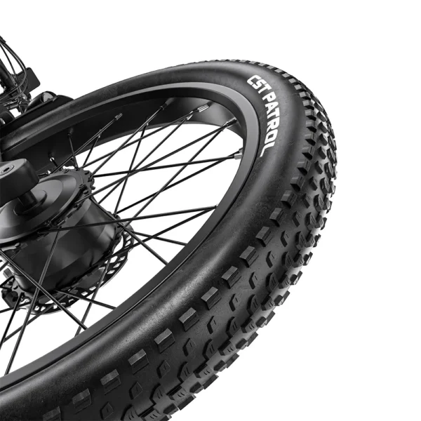 Close-up of the CST 26x3.0 all-terrain fat tyre on the Shengmilo S600 Pro.