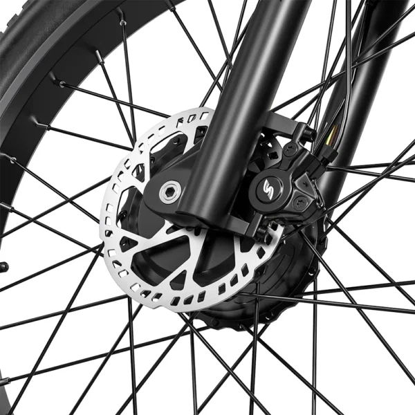 Close-up of the front hydraulic disc brake system on the Shengmilo S600 Pro.