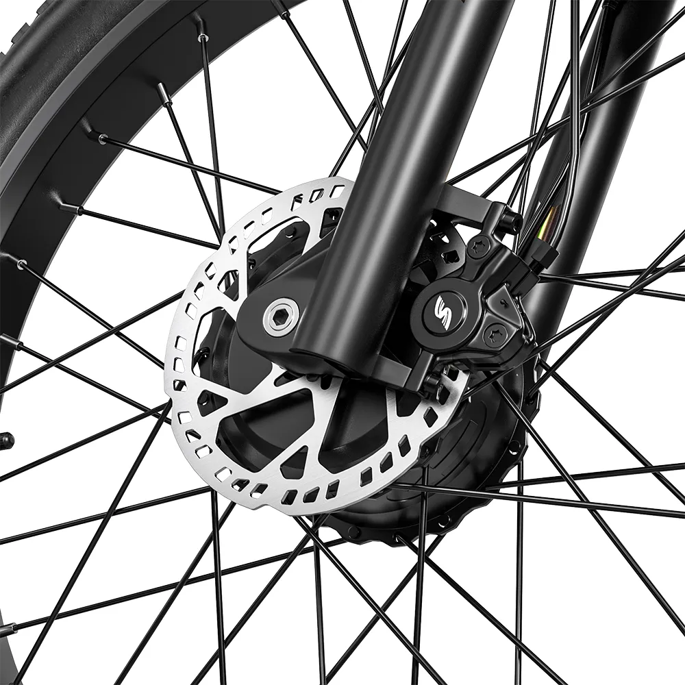 Close-up of the front hydraulic disc brake system on the Shengmilo S600 Pro.