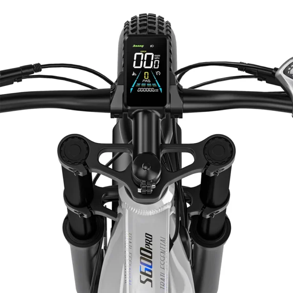 Close-up of the Shengmilo S600 Pro 4.2-inch colour display and handlebar controls.