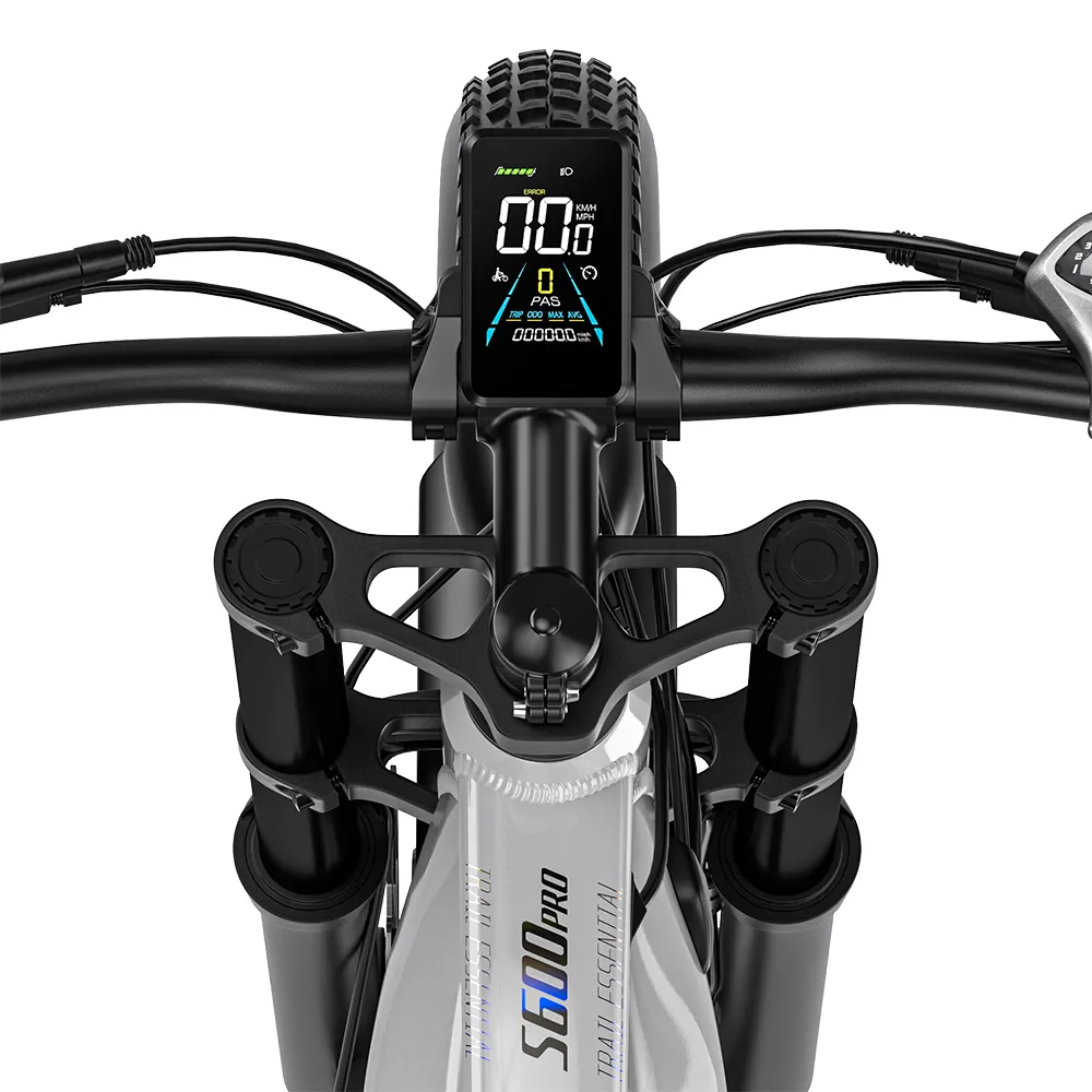 Close-up of the Shengmilo S600 Pro 4.2-inch colour display and handlebar controls.