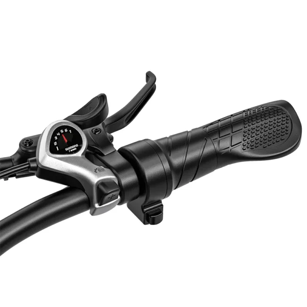 Close-up of the Shimano 7-speed shifter on the Shengmilo S600 Pro handlebar.