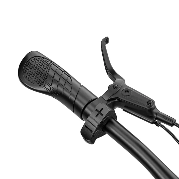 Close-up of the Shengmilo S600 Pro pedal-assist control buttons and brake lever.
