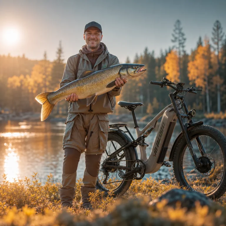 A rider standing beside a grey Shengmilo S600 Pro electric bike by a lake after a fishing trip at sunset.