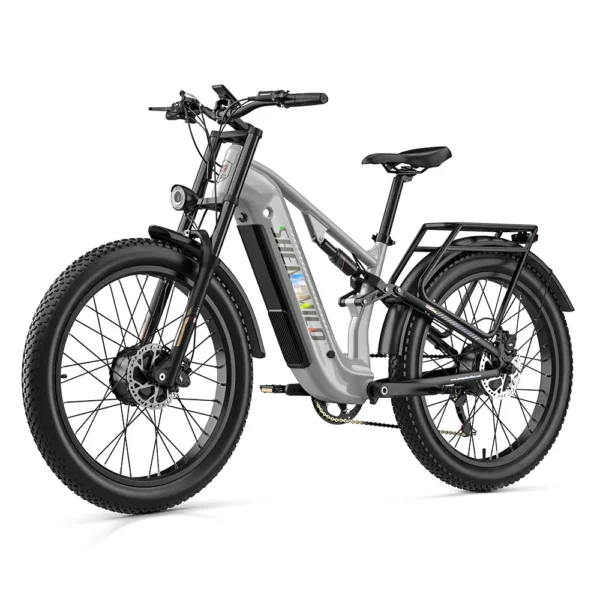 Grey Shengmilo S600PRO electric bicycle viewed from the front-left, with fat tyres, suspension, headlight, fenders and rear rack.