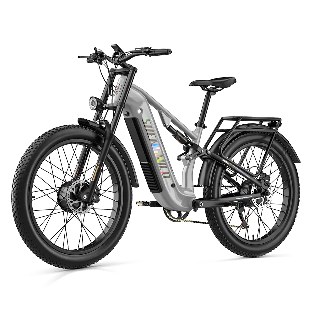 Grey Shengmilo S600PRO electric bicycle viewed from the front-left, with fat tyres, suspension, headlight, fenders and rear rack.