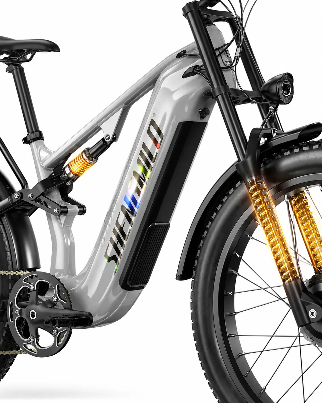 Close-up of the grey Shengmilo S600 Pro electric bike showing its full-suspension frame, removable battery and double shoulder front fork.