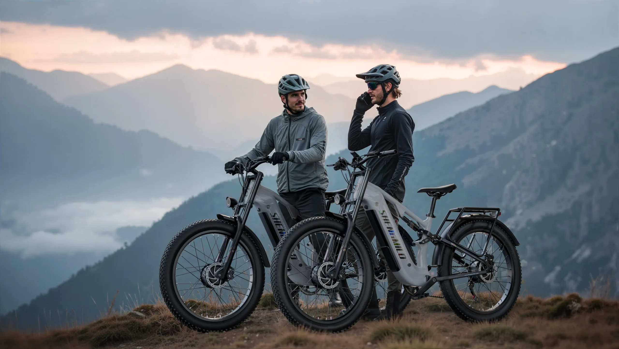 Two helmeted riders standing with grey Shengmilo S600 Pro electric bikes on a mountain ridge at sunset.