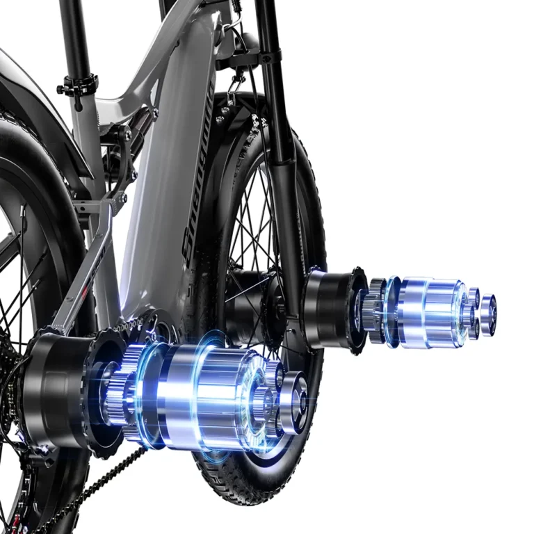 Illustration of the Shengmilo S600 Pro front and rear 1000W hub motors, showing its 2000W dual-motor electric drive system.